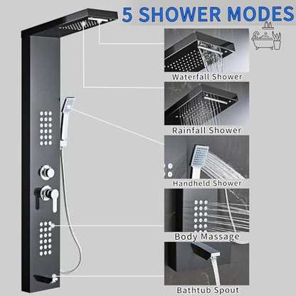 5-in-1 Shower Panel Tower System - Brushed Black | 304 stainless steel Shower Panel Tower Column with Powerful Body Jets, Rainfall, Waterfall,Handheld and Tub Spout - color: Brushed Black, style: LSH-8001