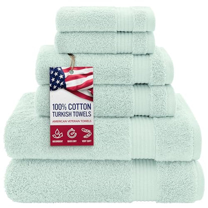 American Veteran Towel, 100% Cotton Turkish 6 Piece Towel Set, Luxury Towels Set of 6 for Bathroom Essentials, 2 Bath Towel 2 Hand Towel 2 Washcloth, Mint Green - color: Mint, size: XL 6PC