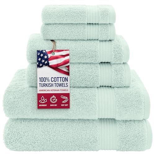American Veteran Towel, 100% Cotton Turkish 6 Piece Towel Set, Luxury Towels Set of 6 for Bathroom Essentials, 2 Bath Towel 2 Hand Towel 2 Washcloth, Mint Green - color: Mint, size: XL 6PC