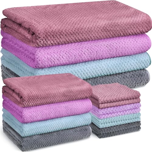 Preboun 4 Sets Bath Towels and Washcloths for Bathroom,4 Colors | 12 Pcs Microfiber Quick Dry Coral Fleece Highly Absorbent for College Dorm Beach Pool Spa Fitness Sports Shower Travel Hotel - color: 4 Colors
