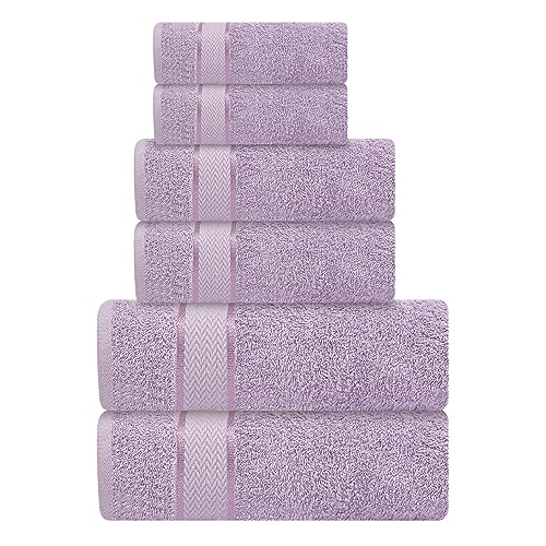 6 Piece 100% Cotton Bath Towel Set - 2 Bath - 2 Hand - 2 Face, Lavender | 100% Cotton • Thick & Plush • Hotel Quality • Ultra Soft • Highly Absorbent • Quick Dry • Low Lint • Machine Washable - color: Lavender