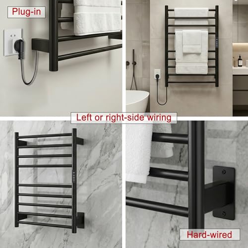 Black Heated Towel Rack for Bathroom Wall Mounted Hardwired | Heated Towel Bar, 9 Bars with Timer and Temp Control, Left or Right Side Plug-in/Hardwired, 304 Stainless Steel Matte Black - color: Matte Black