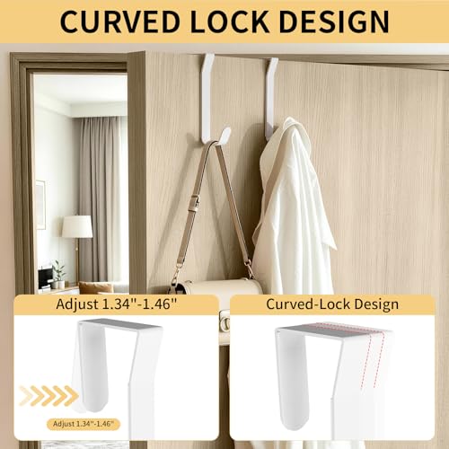 Over the Door Hooks, Curved Design Locks Wider & Longer, White | 4 Pack Door Hanger for 1.46" Thick Door with Sponge Mat, Door Hooks Organizer for Bathroom, Living Room, Kitchen