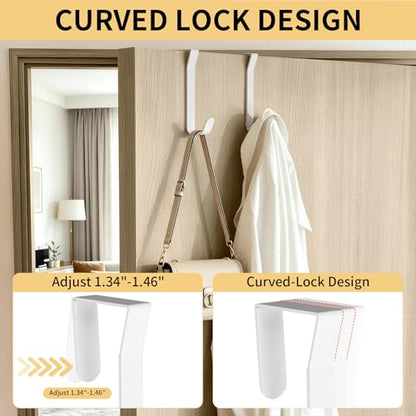 Over the Door Hooks, Curved Design Locks Wider & Longer, White | 4 Pack Door Hanger for 1.46" Thick Door with Sponge Mat, Door Hooks Organizer for Bathroom, Living Room, Kitchen