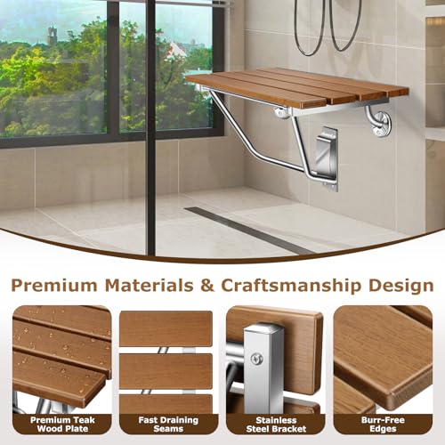 28" Wall Mounted Folding Shower Seat Stainless Steel Frame for Space Saving | Teak Foldable Shower Chair for Elderly, Pregnant, Disabled, Kids (Max 500lb) - size: 28 inches Teak Shower Bench