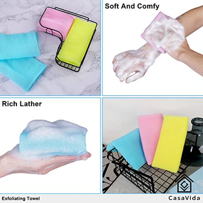Exfoliating Washcloth Back Scrubber, 3 Pack | Japanese Beauty Washcloth, Back Scrubber for Daily Use, Textured Poly Nylon Body, Smoother-Looking Skin, Quick-Dry - style: Blue + Yellow + Pink
