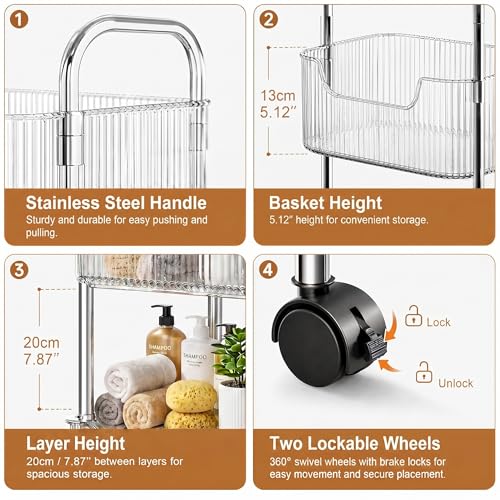 3 Tier Rolling Cart with Wheels, Clear Plastic Storage Cart with Stainless Steel Frame, Slim Narrow Organizer for Bathroom, Kitchen, Laundry Room, Vanity, Dorm, Easy Assembly