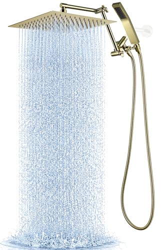 G-Promise All Metal 12 Inches Rainfall Shower Head with Handheld Combo | All Metal, Built to Last, Easy Install, Adjustable Height & Angle for All Heights, Extra Long Hose, Modern Upgrade - color: Polished Brass, size: 12 Inches