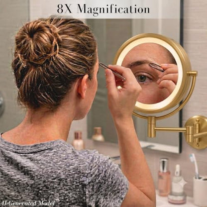 JERDON Hardwired Wall-Mount Makeup Mirror - 8X/1X - Gold - HL75BGD | 8.5" Diameter, 13.5" Wall Arm, LED Lighting, Direct Wire Installation - color: Gold Direct Wire