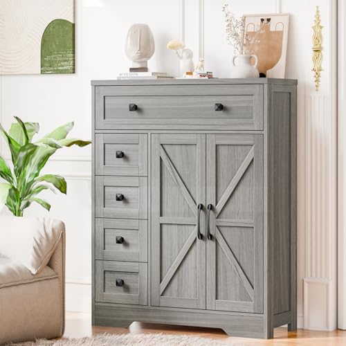 Vabches Farmhouse Storage Cabinet with 2 Doors and 5 Drawers, Wash Grey | Freestanding Bathroom Cabinets, Kitchen Pantry, Floor Storage Cabinet Hutch Cupboard for Living Room/Bathroom/Kitchen - color: Wash Grey, style: 5 Drawers