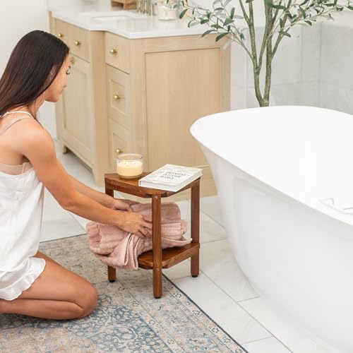 Teak Corner Shower Bench with Matching Soap Holder - Sturdy Waterproof Bathroom Stool Chair with Storage Shelf for Bathing Supplies - Bath Seat and Foot Rest for Shaving Legs - 15" x 15" x 18"