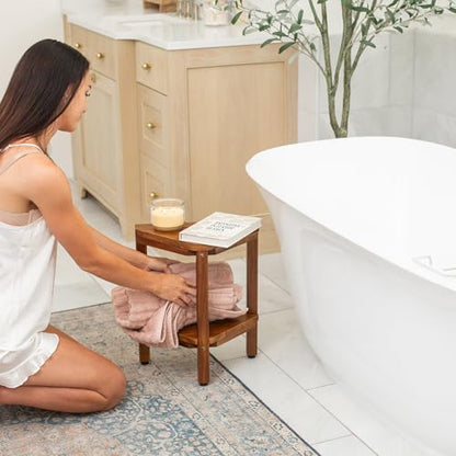 Teak Corner Shower Bench with Matching Soap Holder - Sturdy Waterproof Bathroom Stool Chair with Storage Shelf for Bathing Supplies - Bath Seat and Foot Rest for Shaving Legs - 15" x 15" x 18"