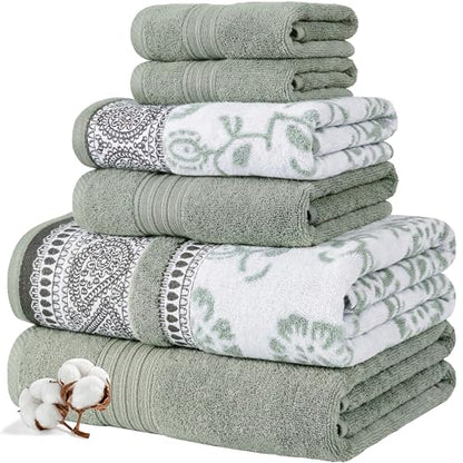 Modern Threads 6 Piece Bath Towel Set – Bathroom Set with 2 Bath Towels, 2 Hand Towels, and 2 Wash Cloths – 100% Cotton, Super Absorbent & Extra Soft – Reversible Floral Trail (Sage Green) - color: Sage Green