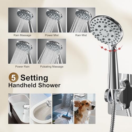 Shower Head with Handheld Spray, 8" High Pressure Rain Shower Head Combo with Adjustable Extension Arm, 5 Spray Modes Dual Showerhead Set, Detachable Handheld Shower, 304 Stainless Steel, Chrome
