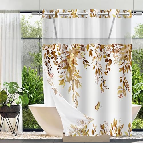 No Hook Shower Curtain and Liner Set, Yellow Eucalyptus 71x84 | Floral Design, with Snap in Liner, Waterproof, Machine Washable, Quick-Drying, for Hotel Bathroom - color: Yellow, size: 71"W x 84"L (Pack of 1)