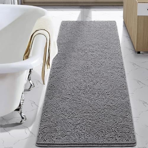 LOCHAS Luxury Bathroom Rug Shaggy Bath Mat 24 x 48 Inch, Gray | Washable Non Slip Bath Rugs for Bathroom Shower, Soft Plush Chenille Absorbent Carpets - color: Grey, size: 2' X 4' (24''x48'')
