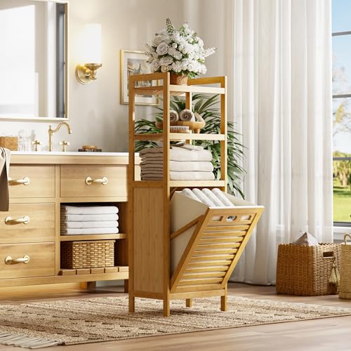 HITNET Tilt Out Laundry Hamper, Bamboo Laundry Basket with Foldable Bag and 3 Open Shelves, Freestanding Clothes Storage Organizer for Bedroom, Bathroom, Living Room, Natural - color: Natural