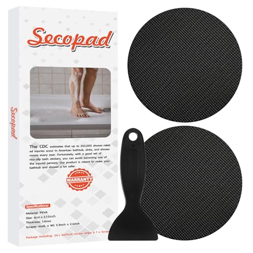 Secopad 24PCS Round Non Slip Bathtub Stickers with Scraper, Black | Original Large Anti-Slip Treads, Comfortable PEVA Material, Strong Adhesive, Easy to Use, For Bath Tubs, Showers & Stairs - color: Black