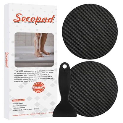 Secopad 24PCS Round Non Slip Bathtub Stickers with Scraper, Black | Original Large Anti-Slip Treads, Comfortable PEVA Material, Strong Adhesive, Easy to Use, For Bath Tubs, Showers & Stairs - color: Black