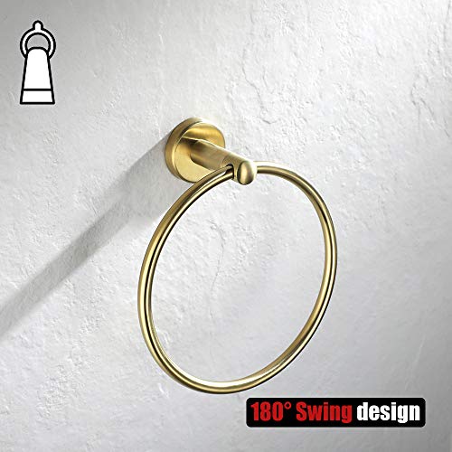 JQK Towel Ring Brass Gold, 304 Stainless Steel Hand Towel Holder for Bathroom, Brushed Gold Wall Mount, TR130-BG - color: Gold