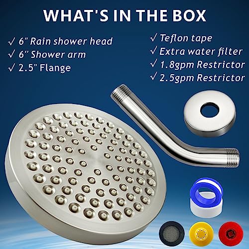 High Pressure Rain Shower Head with Arm - High Flow Rainfall Showerhead - Luxury Modern Look - Pressure Boosting (6" Shower Head with 6" Arm, Brushed Nickel) - color: Elegant Brushed Nickel