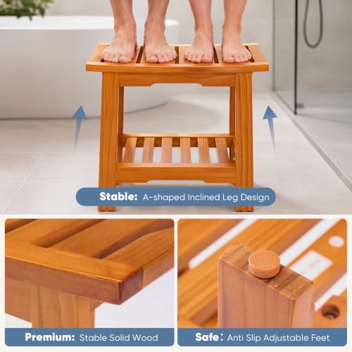 DUMOS 18" Woodern Shower Bench for Inside Shower, Waterproof Bathroom Bench | Shower Chair for Shaving Legs and Spa, Non-Slip Solid Wood Shower Stool with Handles for Senior Adult Disabled Elderly, Brown - size: 17.91"W