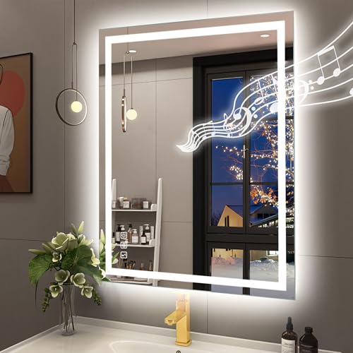 STARLEAD 28"x36" Bluetooth LED Bathroom Mirror with Dimmable Lighting, 3 Color Temperature, Anti-Fog, Touch Control, Wall Mounted Vanity Mirror for Daily Routines - color: Silver-bluetooth, size: 36"L x 28"W