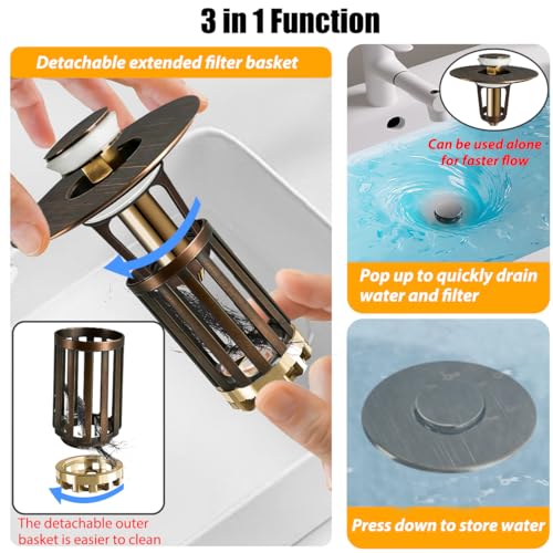 Anlige 3 in 1 Pop Up Bathroom Sink Stopper, Bathroom Sink Drain Strainer, with Removable Basket Hair Catcher, Universal Sink Plug Cover for 1.06 in to 1.6 in Drain, Oil Rubbed Bronze - color: Oil Rubbed Bronze