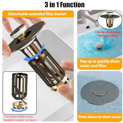 Anlige 3 in 1 Pop Up Bathroom Sink Stopper, Bathroom Sink Drain Strainer, with Removable Basket Hair Catcher, Universal Sink Plug Cover for 1.06 in to 1.6 in Drain, Oil Rubbed Bronze - color: Oil Rubbed Bronze