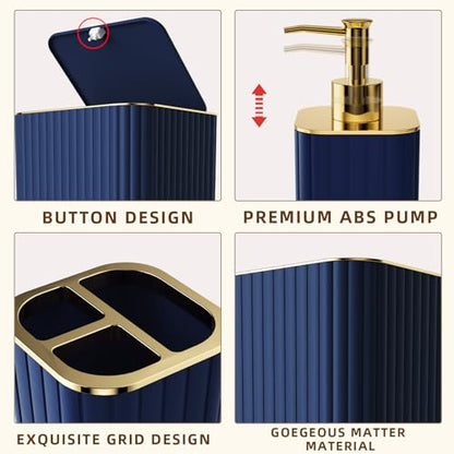 XLHOMO Bathroom Accessory Set - 26PC Bathroom Shower Curtain and Rug Set, Bathroom Accessories Set, Navy Blue Bathroom Set with Trash Can, Toilet Brush, Qtip Holder & Soap Dispenser - style: Navy Blue