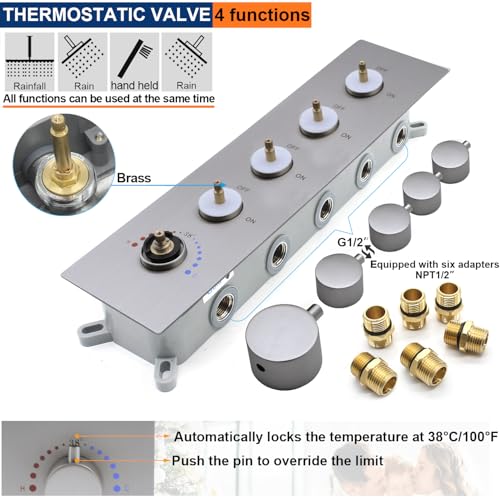 Thermostatic Shower System Three Shower Heads with 16" Ceiling Mounted Rain Shower Head & 2 x 6" Wall Mounted Head 4 Function Shower System Can All Run Together, Brushed Nickel - color: Brushed Nickel