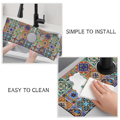 Mexican Ceramic Tile Kitchen Sink Splash Guard Faucet Mat,Faucet Non-slip Absorbent Mat,Farmhouse Sink Splash Guard Behind Faucet for Kitchen Bathroom, 15"x5.5" - color: Drying Faucet Mat 5