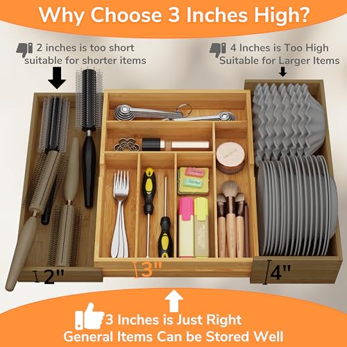 BAMEOS 3" Deepth Expandable Drawer Organizer, Deep Flatware Organizer, Adjustable Silverware Organizer, Bamboo Drawer Organizer for Kitchen, Bathroom (Natural) - size: 3''H 22X16