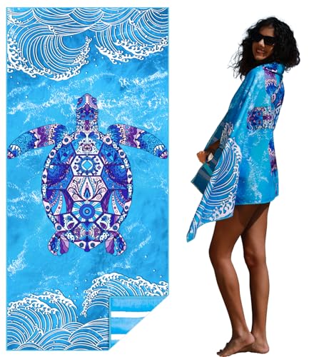 Widdonen Microfiber Beach Towel,Compact 71x32 Inch,Lightweight,Turtle | Extra Large,Sand Free,Thin,Absorbent,Quick Dry for Camping,Hiking,Swim,Pool,Bath,Picnic,Gym,Cruise Essentials,Adult Gifts - color: Turtle Waves