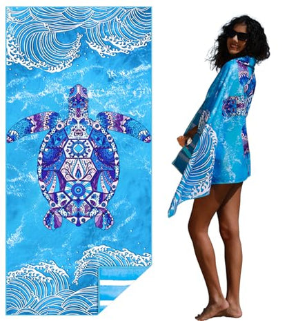 Widdonen Microfiber Beach Towel,Compact 71x32 Inch,Lightweight,Turtle | Extra Large,Sand Free,Thin,Absorbent,Quick Dry for Camping,Hiking,Swim,Pool,Bath,Picnic,Gym,Cruise Essentials,Adult Gifts - color: Turtle Waves