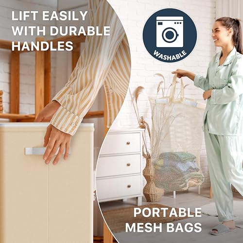 Simple Houseware Foldable Laundry Hamper Basket with Lid and Bag, Beige | Heavy Duty 600D Polyester, Water-Resistant Surface - color: Beige