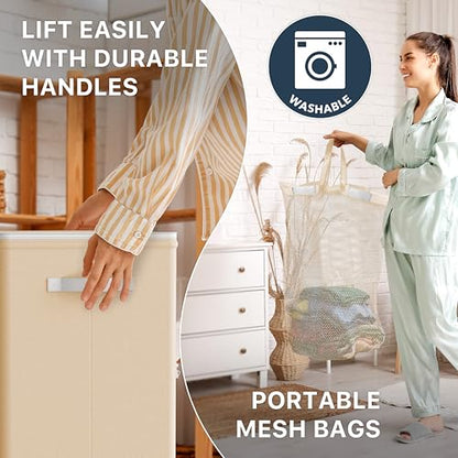 Simple Houseware Foldable Laundry Hamper Basket with Lid and Bag, Beige | Heavy Duty 600D Polyester, Water-Resistant Surface - color: Beige