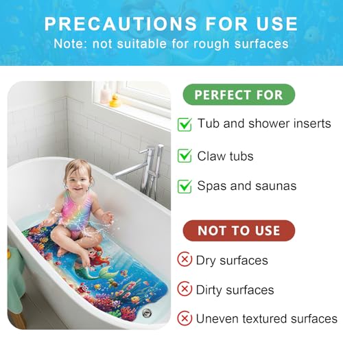 Upgrade Cartoon Baby Bath Mat Non Slip - 40"x16" Extra Long Bathtub Mat for Baby Eco Friendly Durable Bath Mat for Tub Non Slip Kids Tub Mat with Suction Cups, Machine Washable and No Fading, Mermaid - color: B-mermaid