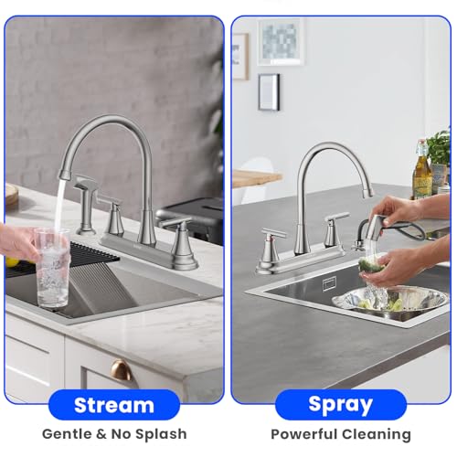 HURRAN 2-Handle Kitchen Faucet with Pull-Out Side Sprayer, 8 Inch High Arch Stainless Steel 360°Rotating Kitchen Sink Faucet, 4 Hole Faucet for Kitchen Bar Rv Camper, Nickel - color: Nickel, style: With Side Sprayer