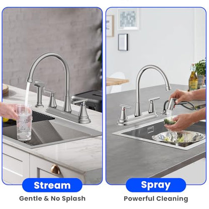 HURRAN 2-Handle Kitchen Faucet with Pull-Out Side Sprayer, 8 Inch High Arch Stainless Steel 360°Rotating Kitchen Sink Faucet, 4 Hole Faucet for Kitchen Bar Rv Camper, Nickel - color: Nickel, style: With Side Sprayer