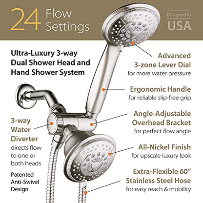 High Pressure 24-Function Dual 2-in-1 Handheld Shower Head Combo | With Self-clean Nozzles, 3-way Anti-swivel Water Diverter, and Premium Stainless Steel Hose / Nickel Finish - color: Brushed Nickel, size: 1.8 Gallons Per Minute