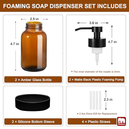 GMISUN Amber Foam Soap Dispenser, 8.5 Fl oz Amber Glass Foaming Hand Soap Dispenser for Bathroom & Kitchen, 2 Pcs Modern Refillable Foaming Soap Dispensers, Foam Pump Bottle with Label & Silicone Boot - color: Amber Bottle, size: 8.5 Fl oz with Silicone B