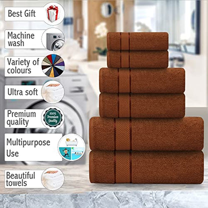 CRAFTBERRY- 6 Piece 100% Cotton Bath Towel Set -2 Bath 2 Hand 2 Face, Brown | 100% Cotton • Thick & Plush • Hotel Quality • Ultra Soft • Highly Absorbent • Quick Dry • Low Lint • Machine Washable - color: Brown