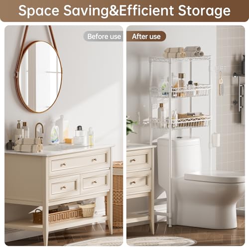 Golpart 3-Tier Over-The-Toilet Storage Shelf,Heavy-Duty Adjustable Bathroom Rack with 2 Mesh Baskets,Toilet Paper Holder & Hooks,Space-Saving Organizer for Bathroom,10”D x 24”W x 66”H,White