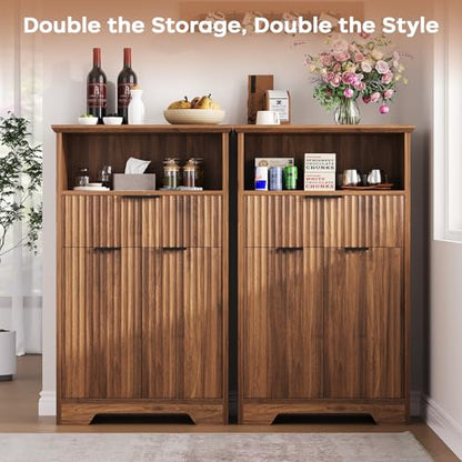 Fluted Buffet Cabinet with Storage, Modern Coffee Bar Cabinet | With Drawer & Adjustable Shelf, Wood Sideboard Cabinet for Kitchen, Bathroom, Entryway and Living Room Walnut - color: Walnut