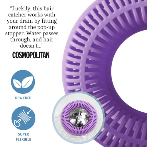 TubRing Pop-Up Drain Protector & Strainer Silicone Hair Catcher, Violet | Easy snap-in design fits around bathtub stoppers. Customizable utility guard for clog prevention. Fits 1.85"- 2.16" drains. - color: Violet