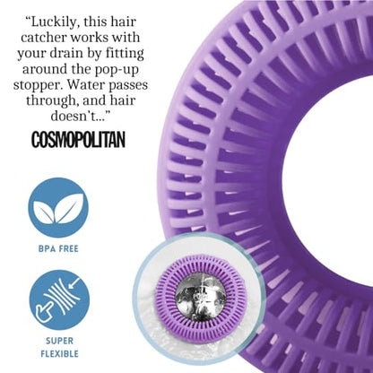TubRing Pop-Up Drain Protector & Strainer Silicone Hair Catcher, Violet | Easy snap-in design fits around bathtub stoppers. Customizable utility guard for clog prevention. Fits 1.85"- 2.16" drains. - color: Violet