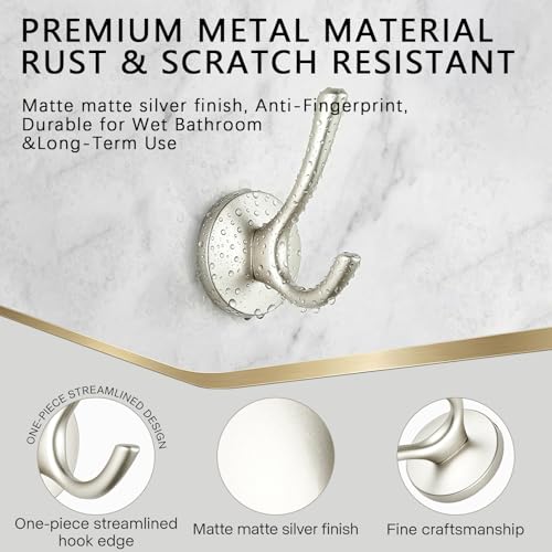 Matte Silver Towel Hooks 4 Pack, Heavy Duty Zinc Alloy Double Prong Coat Robe Hooks, Wall Mounted Towel Hooks for Bathroom, Kitchen, Closet, Garage, Entryway (195silver) - color: Brushed silver