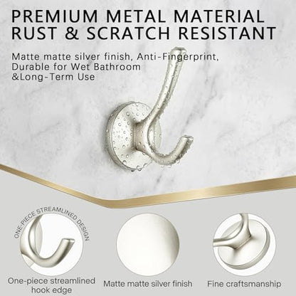 Matte Silver Towel Hooks 4 Pack, Heavy Duty Zinc Alloy Double Prong Coat Robe Hooks, Wall Mounted Towel Hooks for Bathroom, Kitchen, Closet, Garage, Entryway (195silver) - color: Brushed silver