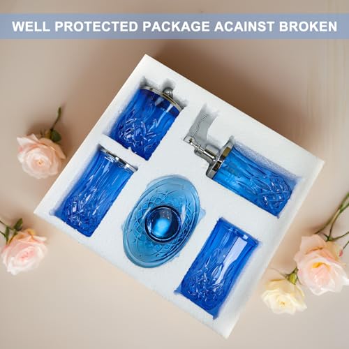 Blue Bathroom Accessories, Round Thick Glass & Metal Pump | Beautiful & weight, 5 pcs soap dispenser, toothbrush holder, soap dish, tumbler & jar, for mission/amish style - style: Round(Blue)